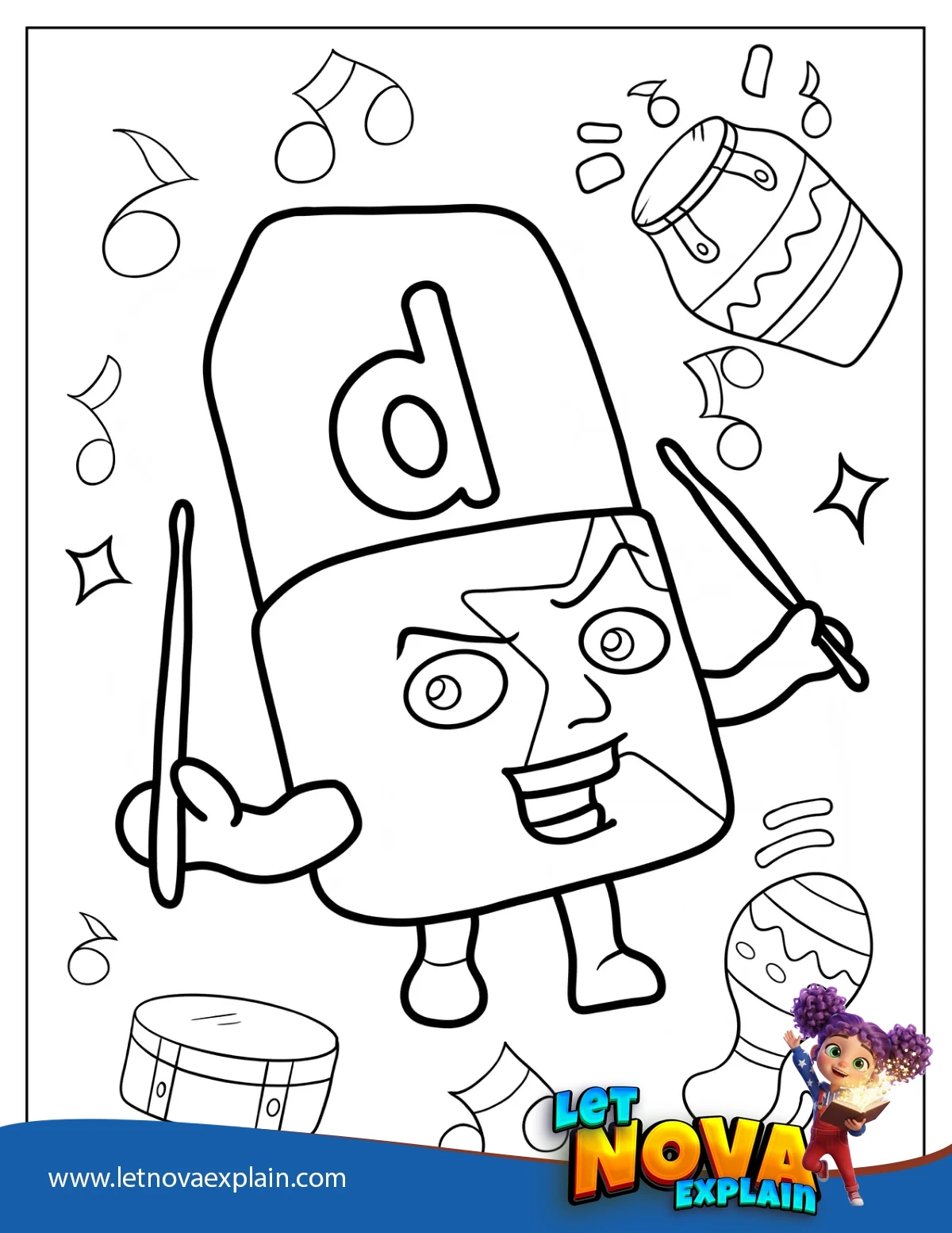 Alphablock D Holding Drum Sticks Coloring Page — Coloring page