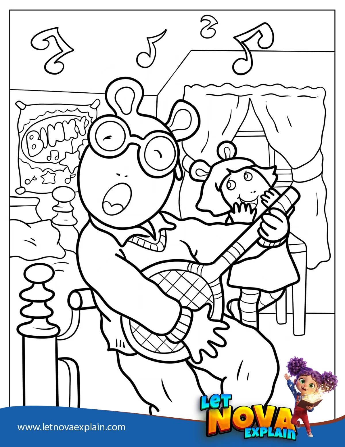 Arthur Singing And Pretend Playing Guitar Coloring Sheet — Coloring page