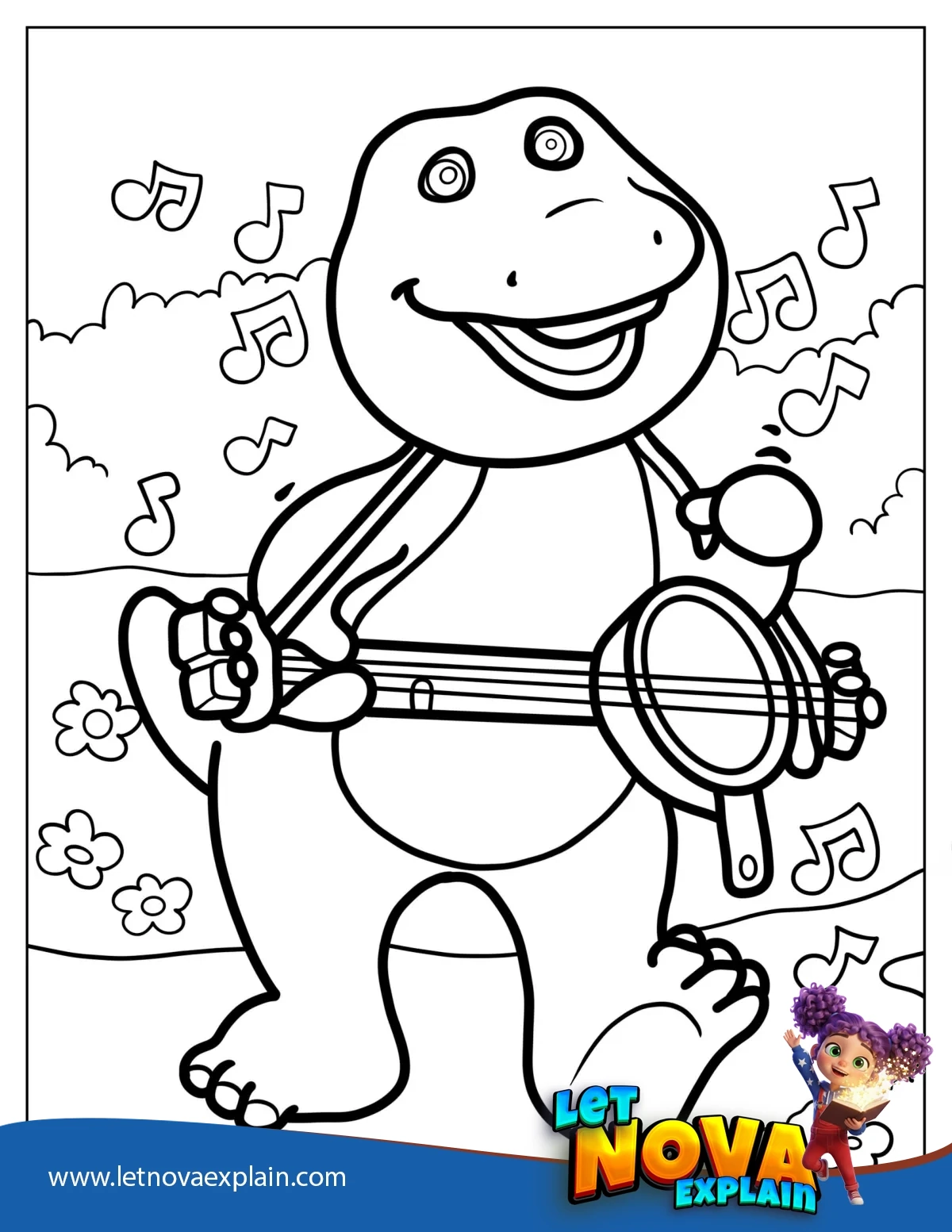 Barney Singing And Playing Guitar Coloring Sheet — Coloring page