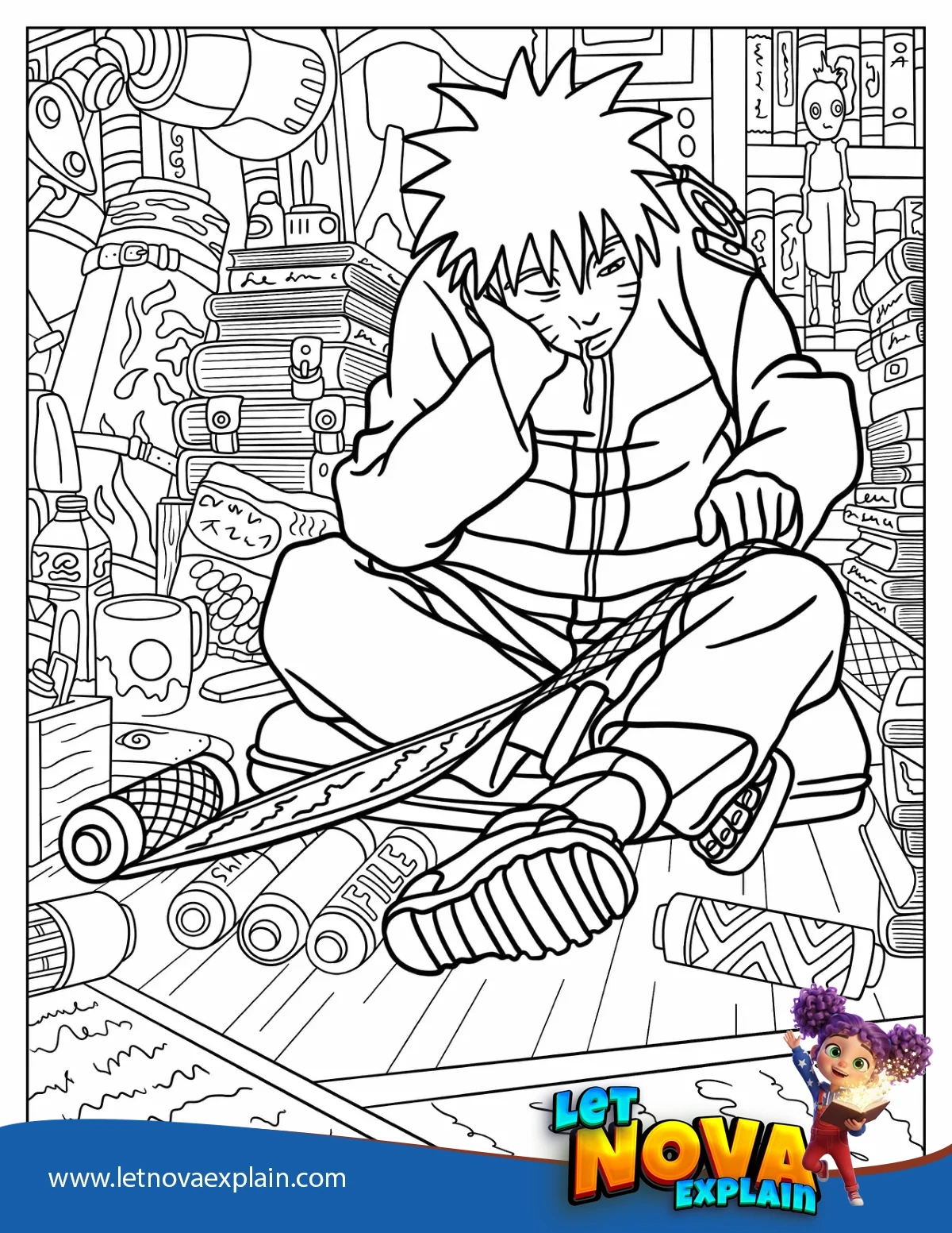 Detailed Naruto Studying Scroll Coloring Page — PDF imprimable