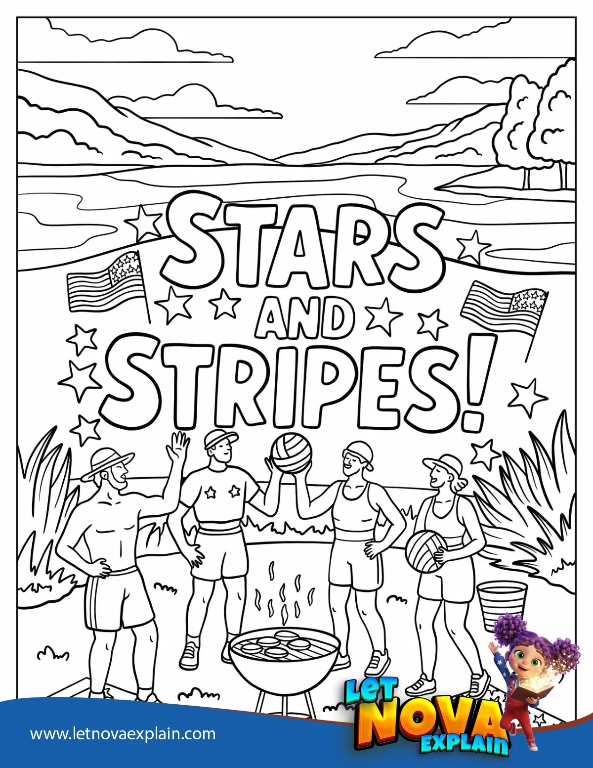 4th of July Beach Party with Volleyball Grill and Flags Coloring Sheet — Coloring page