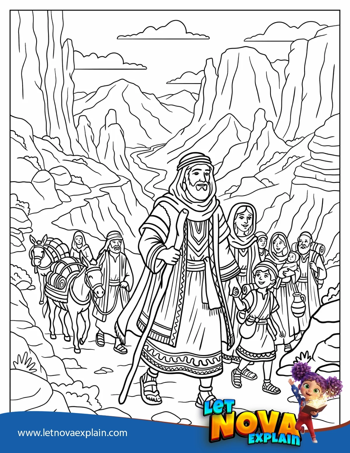 Abraham Traveling with His Family and Servants Through a Mountain Pass — Coloring page