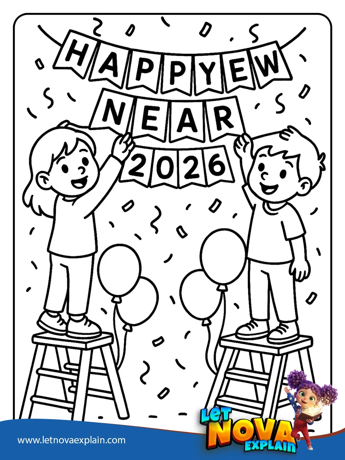New Year Banner Hang coloring — PDF imprimable