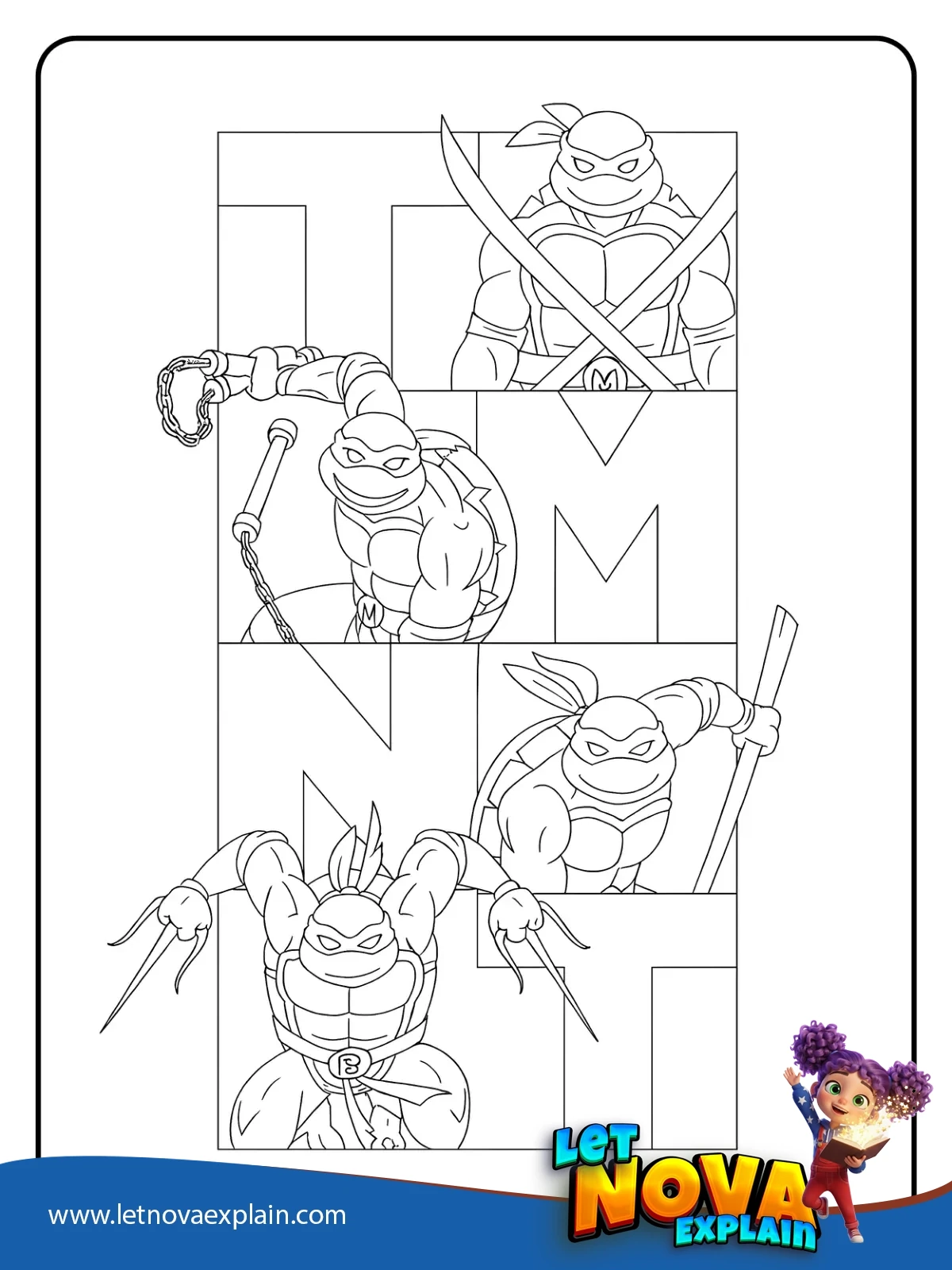 TMNT letter panels with each turtle coloring — Página para colorear