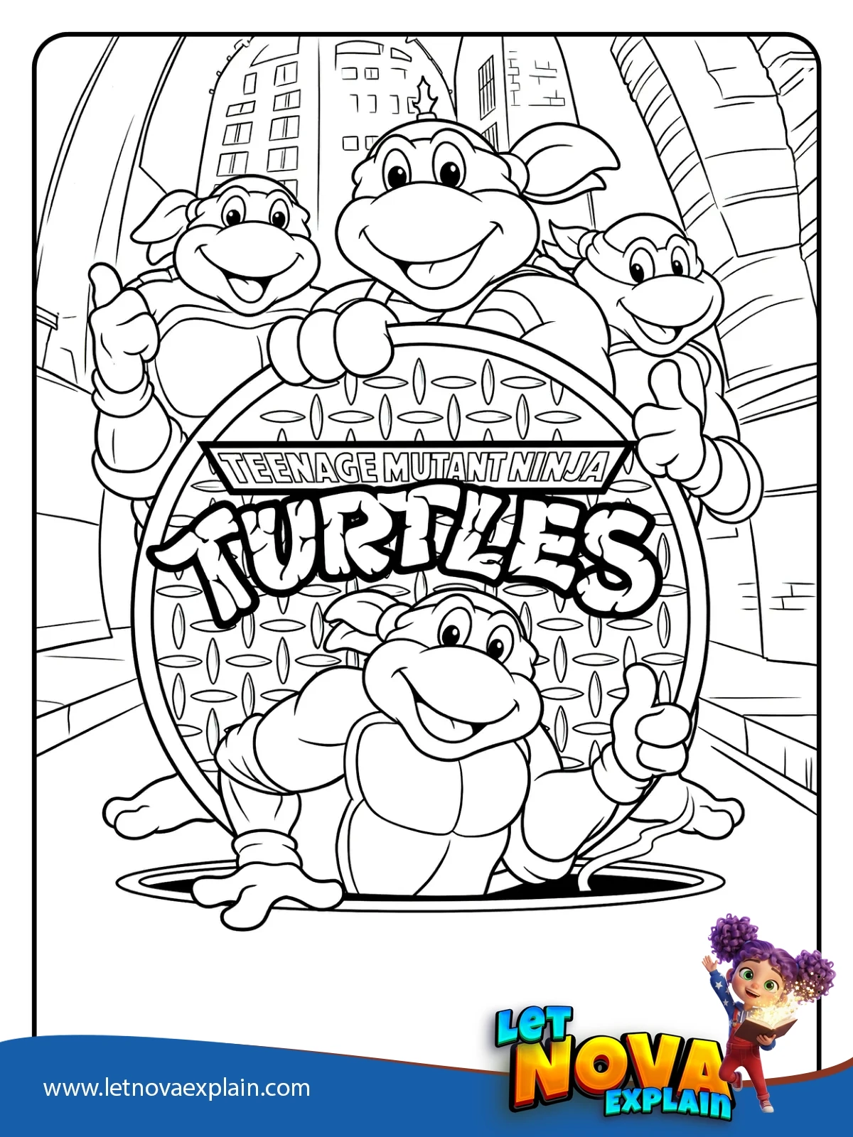 Turtles coming out of the sewer in the city coloring — Página para colorear