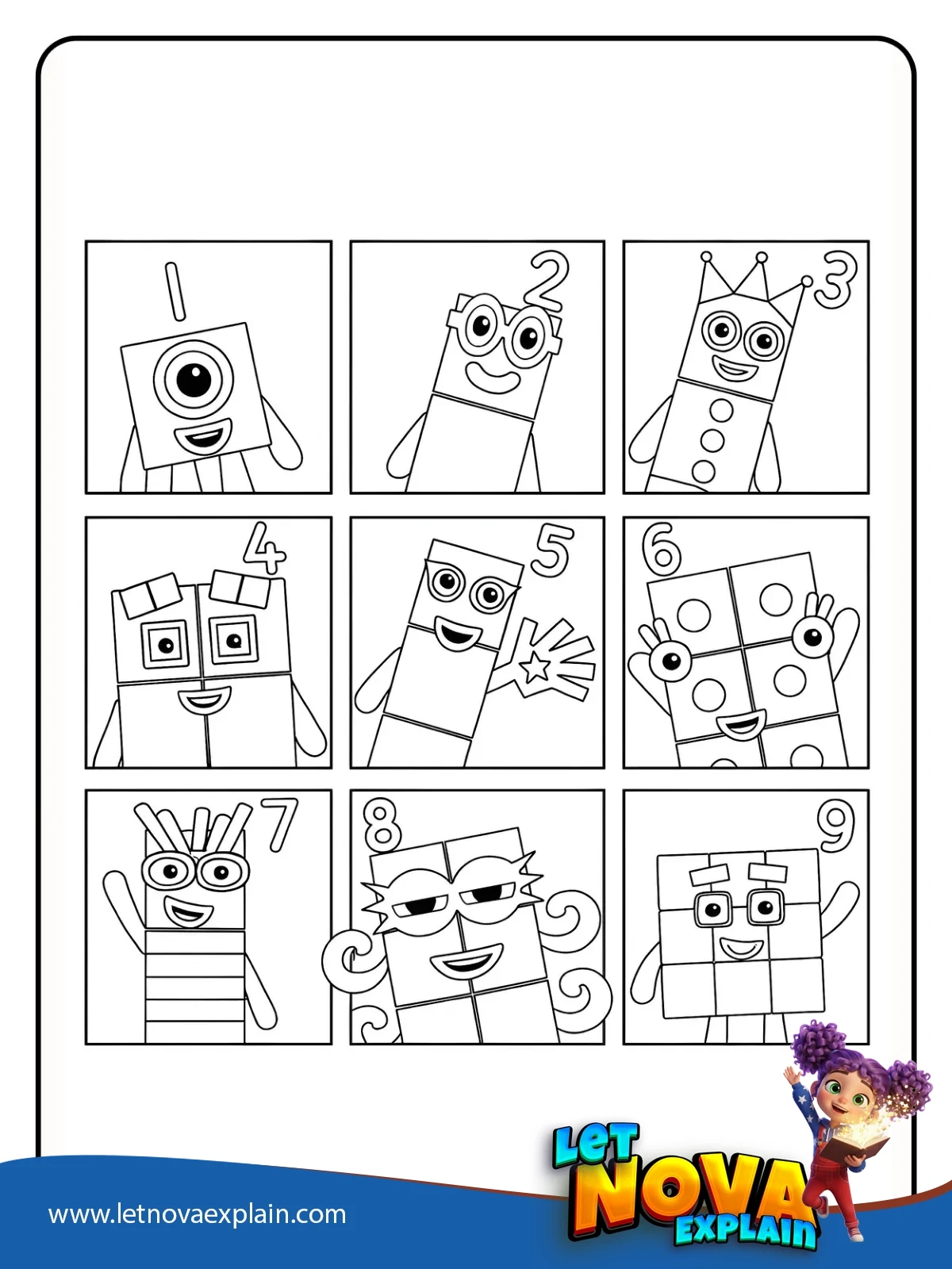 One to Nine Character Grid coloring — PDF stampabile
