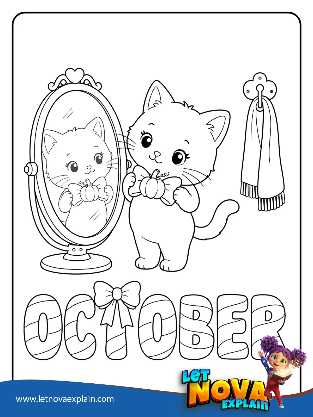 Cat choosing a pumpkin bow coloring — PDF imprimible