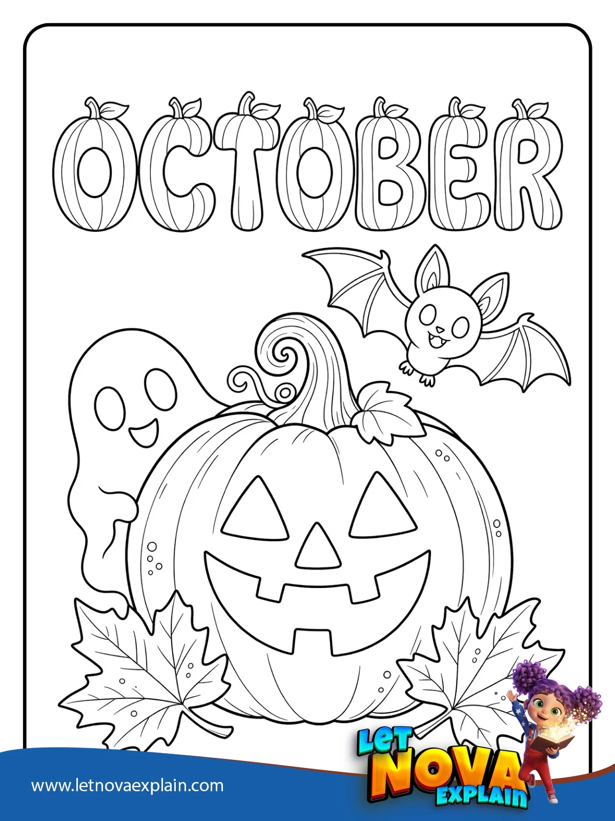October pumpkin and Halloween friends coloring — PDF imprimible