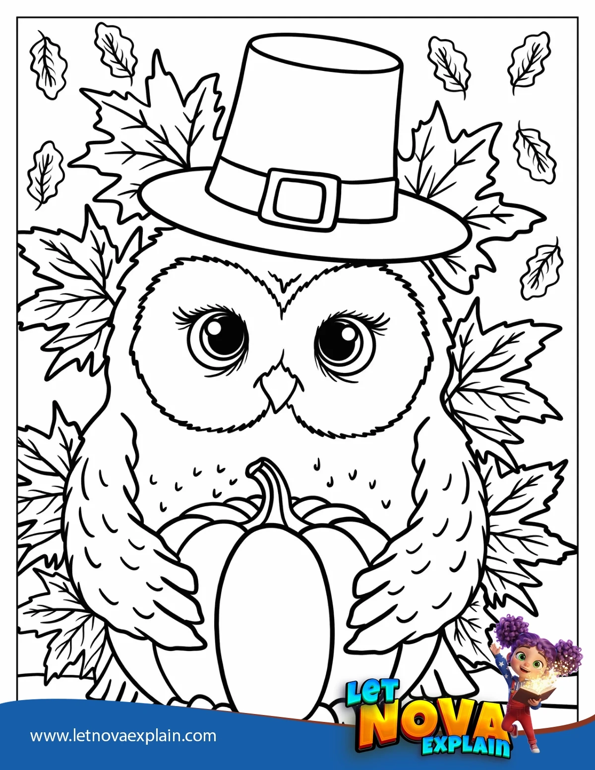 Adorable Fall Owl in Pilgrim Hat Holding Pumpkin in Autumn Coloring Page — PDF imprimible