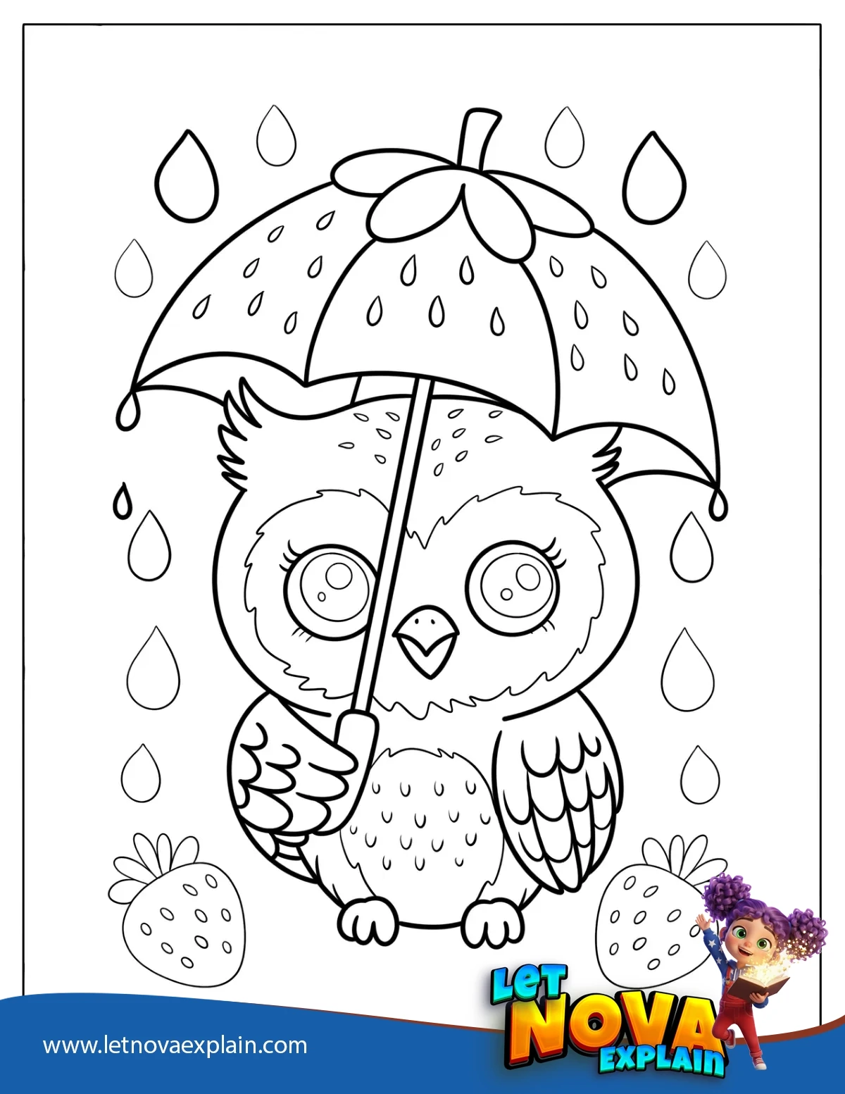 Baby Owl under a Strawberry Umbrella in the Rain Coloring Page for Kids — PDF imprimible