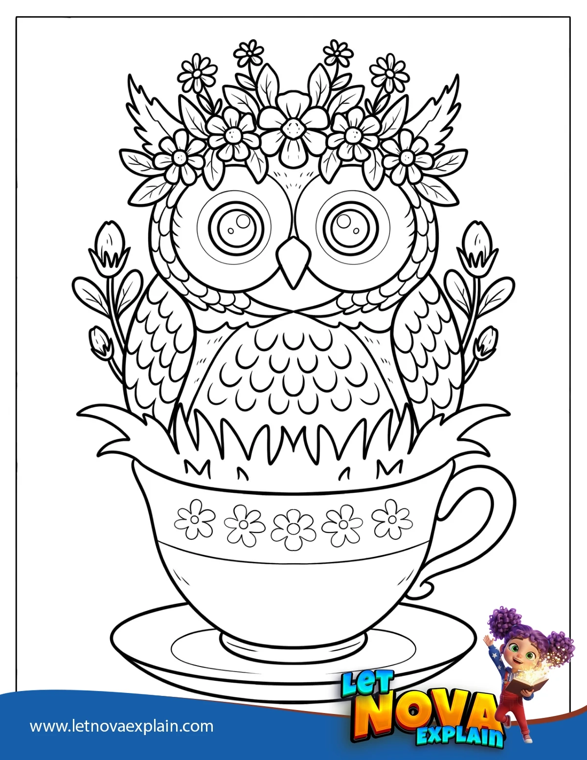 Beautiful Owl with a Flower Crown Sitting in a Teacup — PDF imprimible
