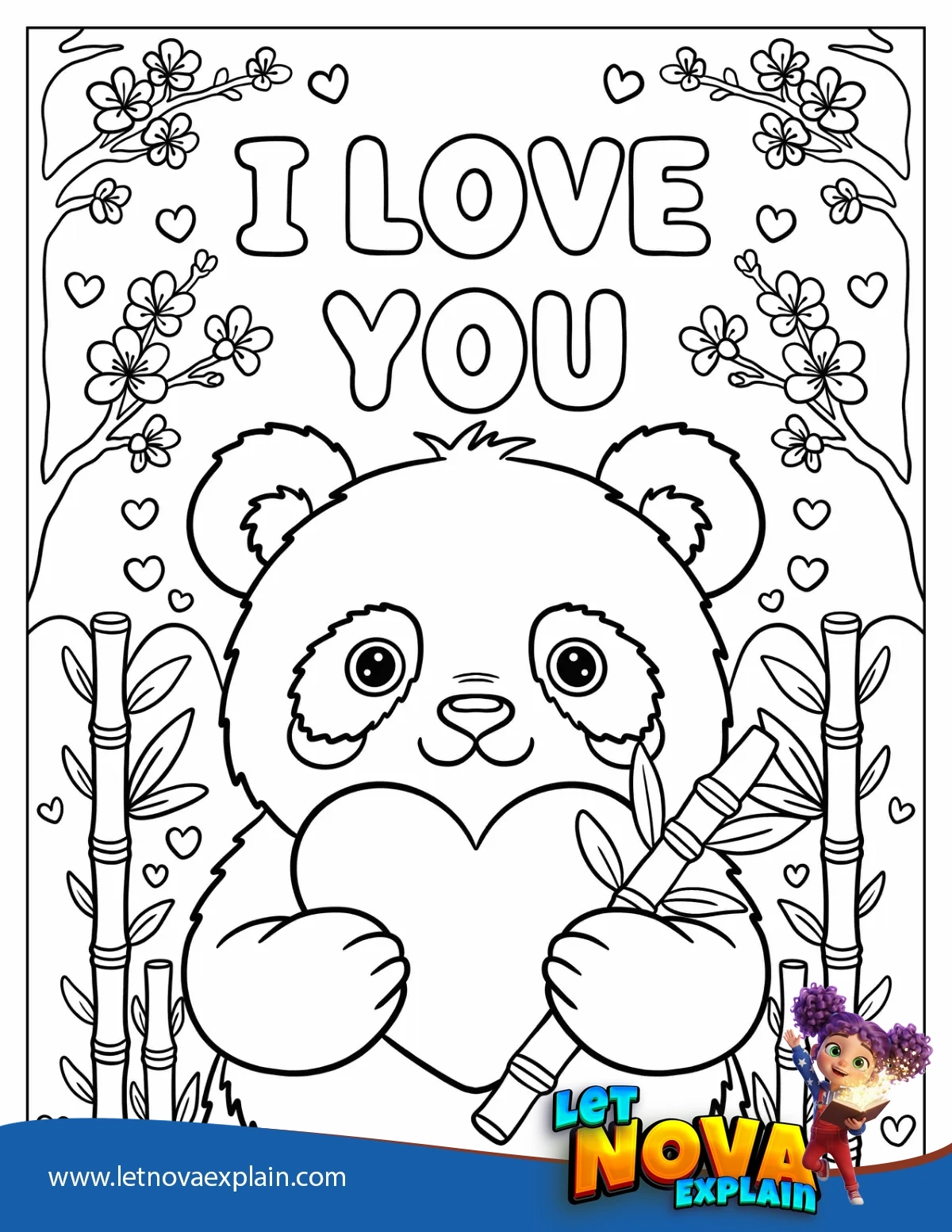 Valentine Panda with Cherry Blossoms and Bamboo I Love You — صفحة تلوين