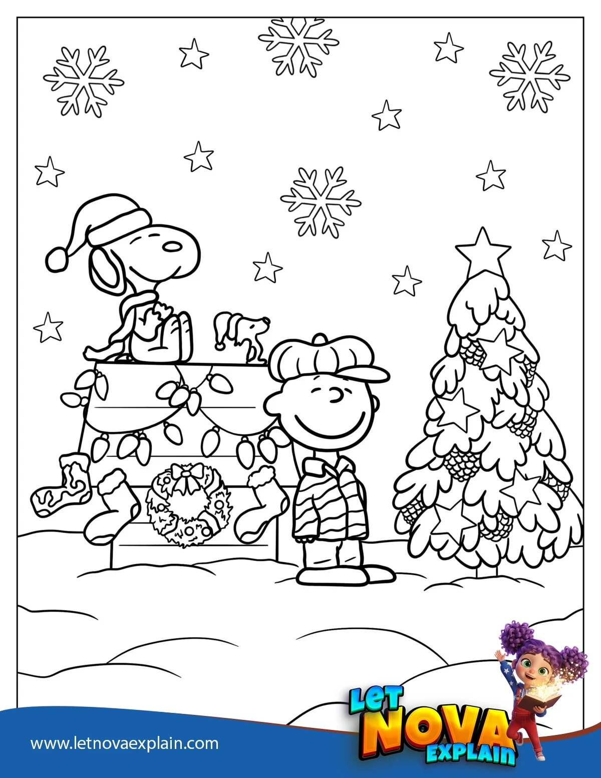 Charlie Brown And Snoopy With Christmas Tree To Color — PDF stampabile