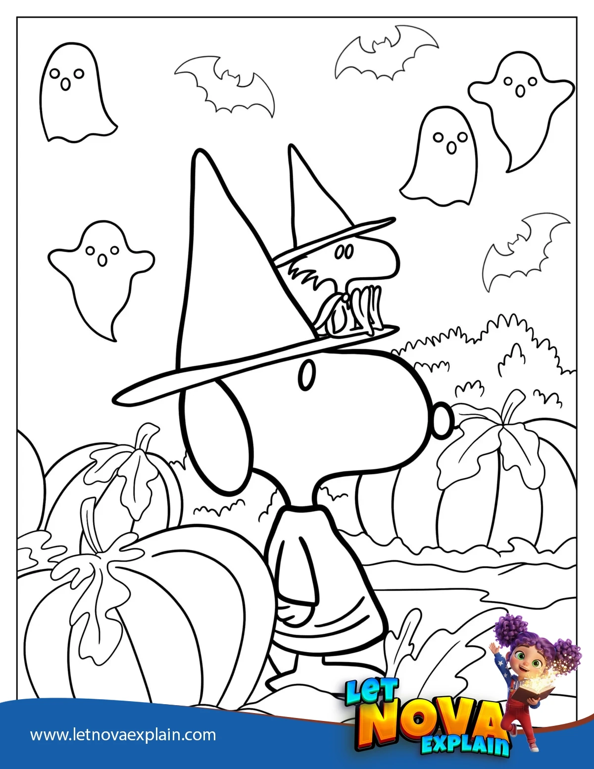 Easy Snoopy Wearing Witch Hat With Woodstock Halloween Coloring Sheet — PDF stampabile