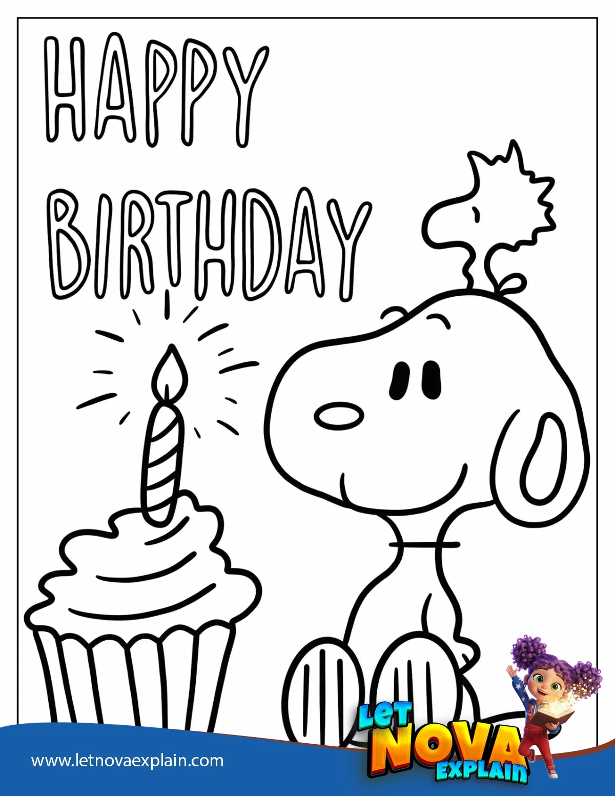 Snoopy And Woodpecker Happy Birthday Coloring Sheet — PDF stampabile