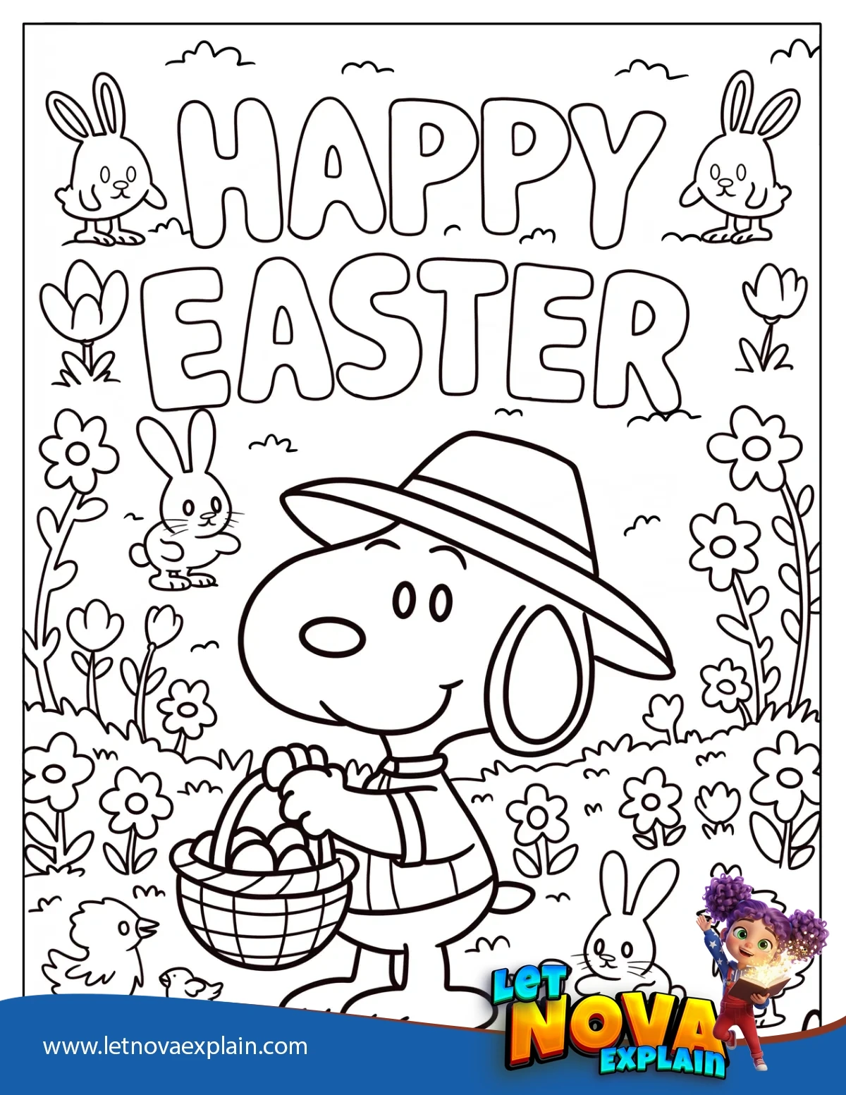 Snoopy Collecting Easter Eggs In The Garden — صفحة تلوين