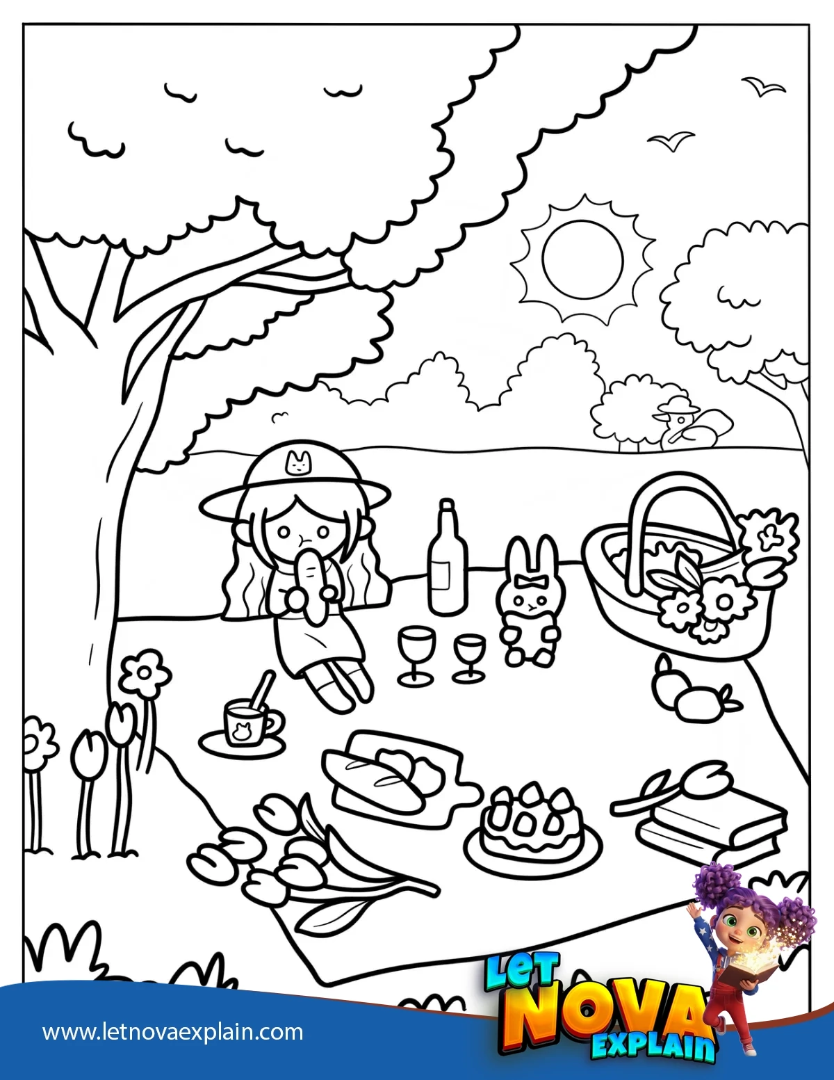 Adorable Girl Eating Bread In A Picnic Coloring Page — Page de coloriage