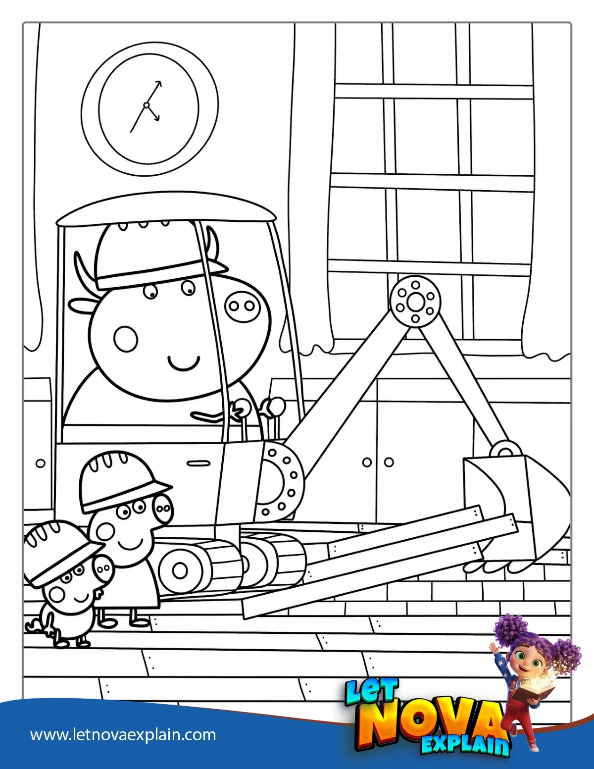 Mr Bull In Digger Being Helped By Peppa And George — PDF للطباعة