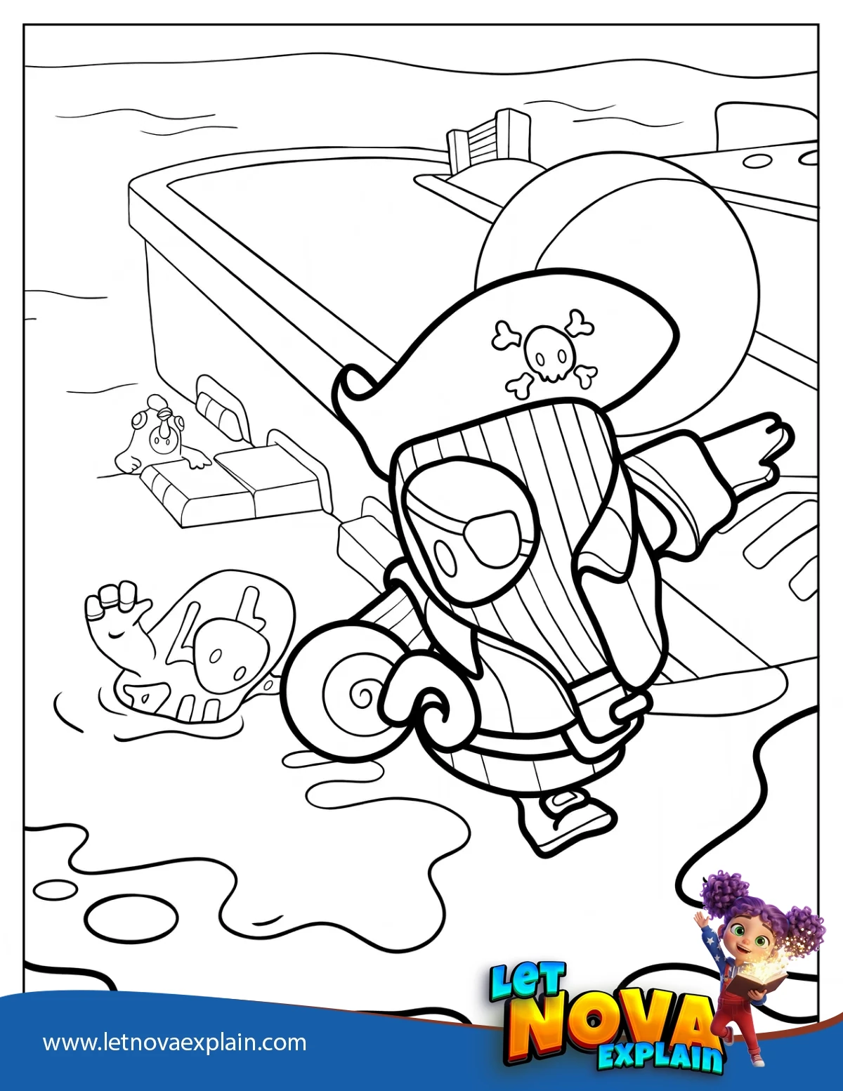 Bean In Pirate Costume Being Chased By Square Camo Skin Bean — Coloring page