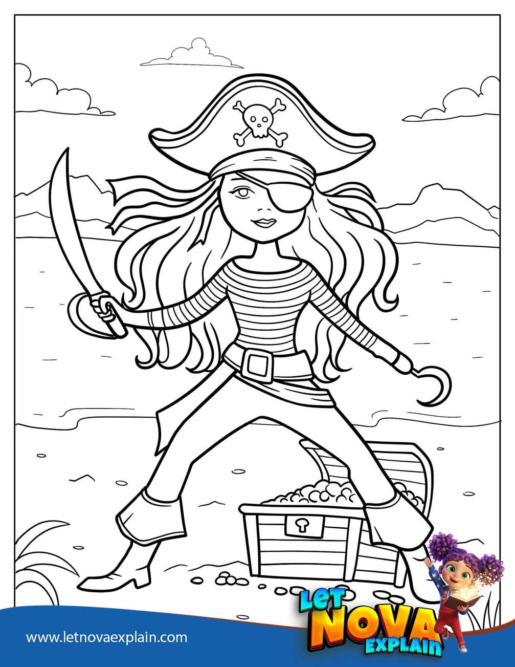 Female Pirate With Eyepatch Sword And Hook Coloring Sheet — Coloring page