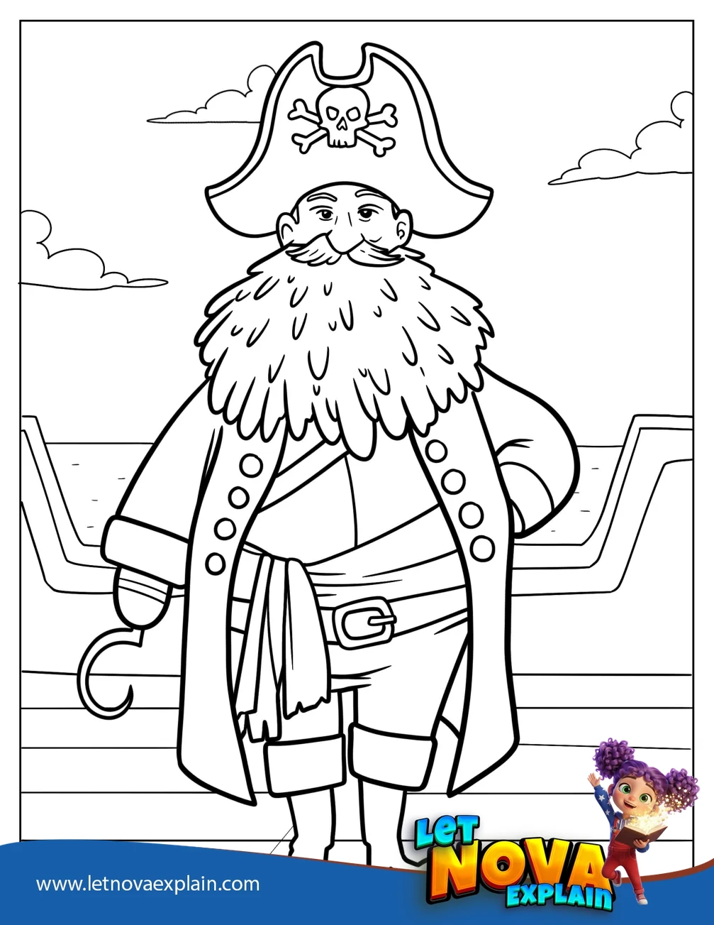 Friendly Pirate With Hook For A Hand Coloring Page For Kids — Coloring page