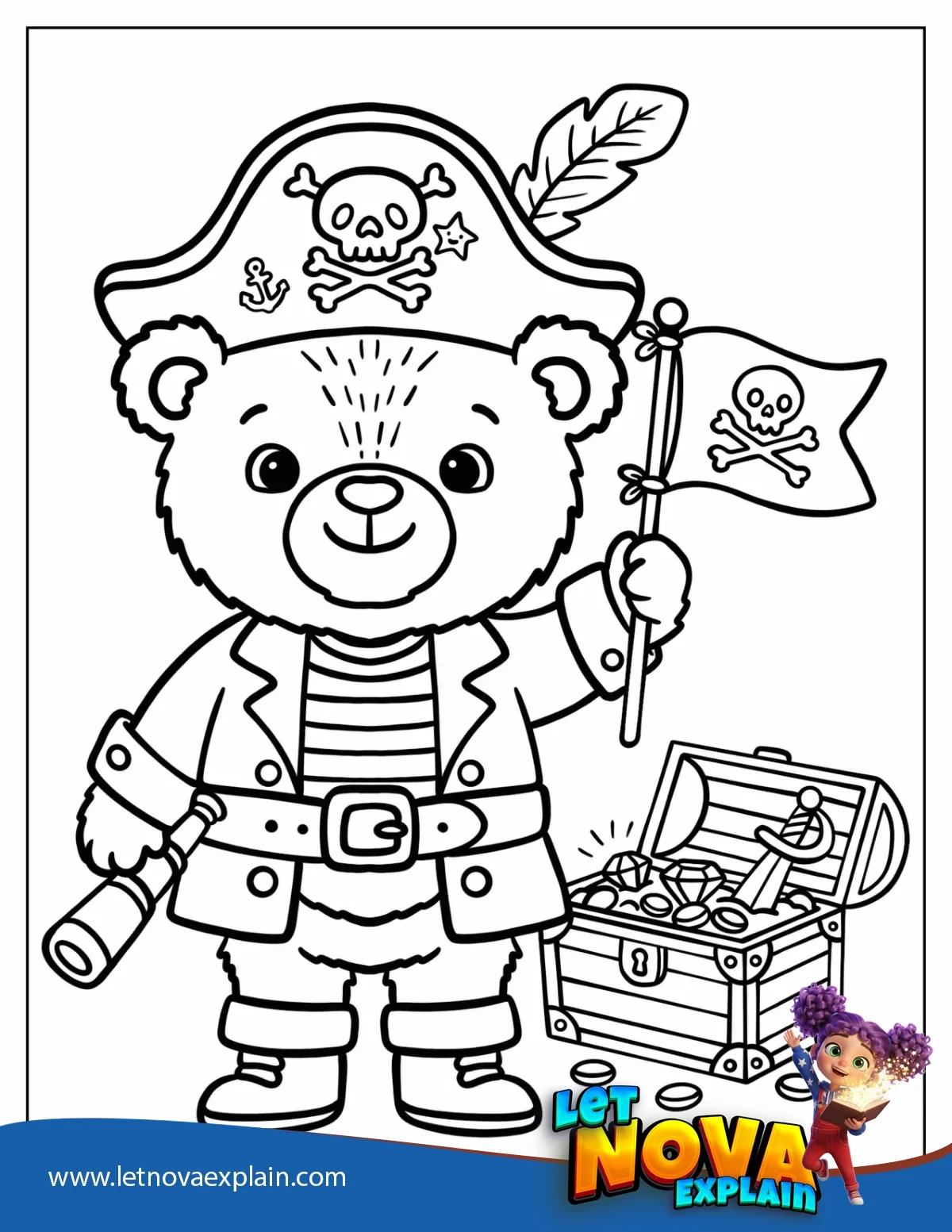 Pirate Bear Holding a Flag Beside a Treasure Chest Coloring Page for Kids — Coloring page