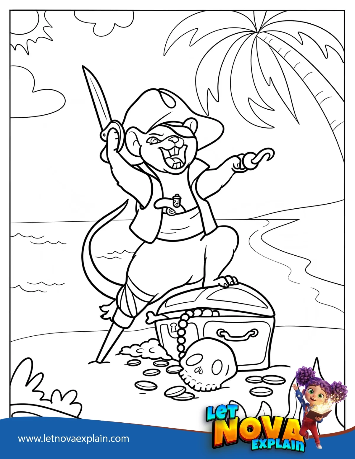 Pirate Rat Standing On A Treasure Chest Coloring Sheet For Kids — Coloring page