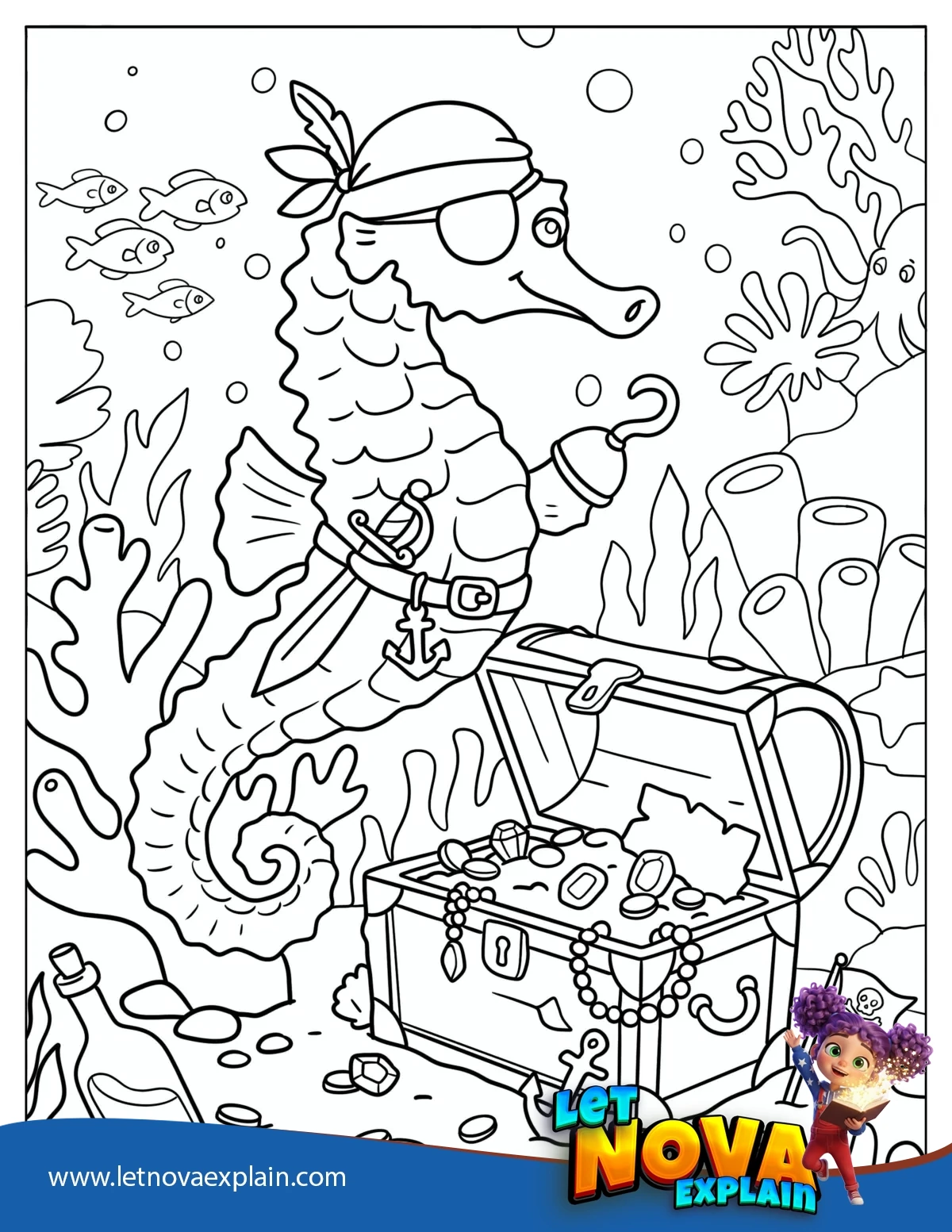 Pirate Seahorse with a Treasure Chest Coloring Page for Kids — Coloring page
