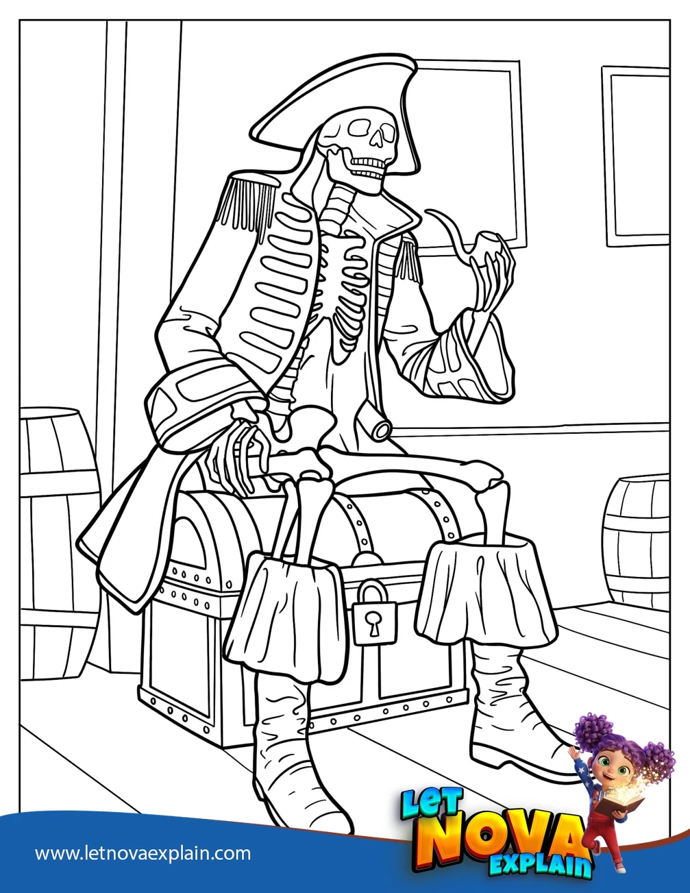 Pirate Skeleton With Hat Cloak And Pipe Coloring Sheet — PDF imprimible
