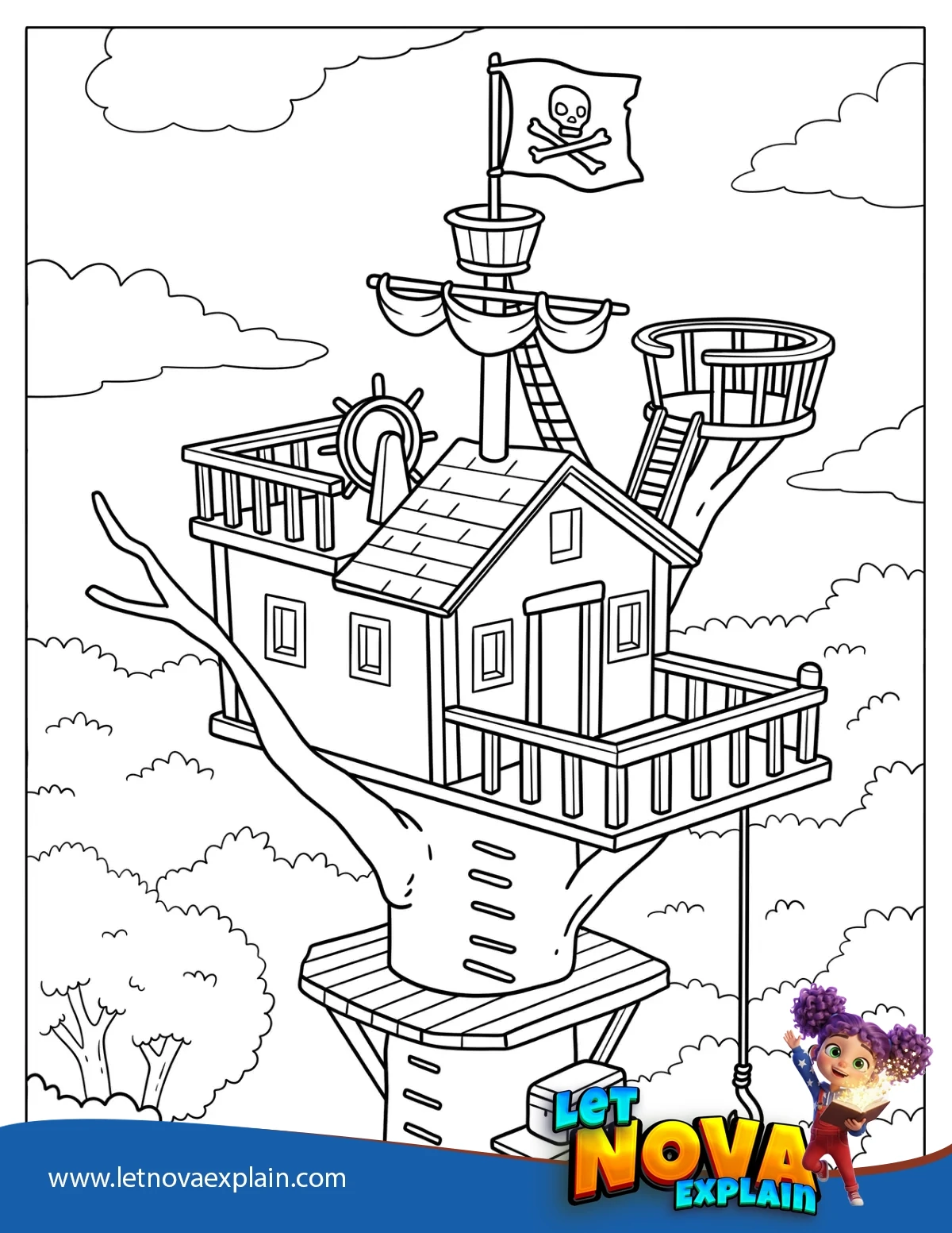 Pirate Themed Treehouse with Flag Rope and Crows Nest — PDF imprimible