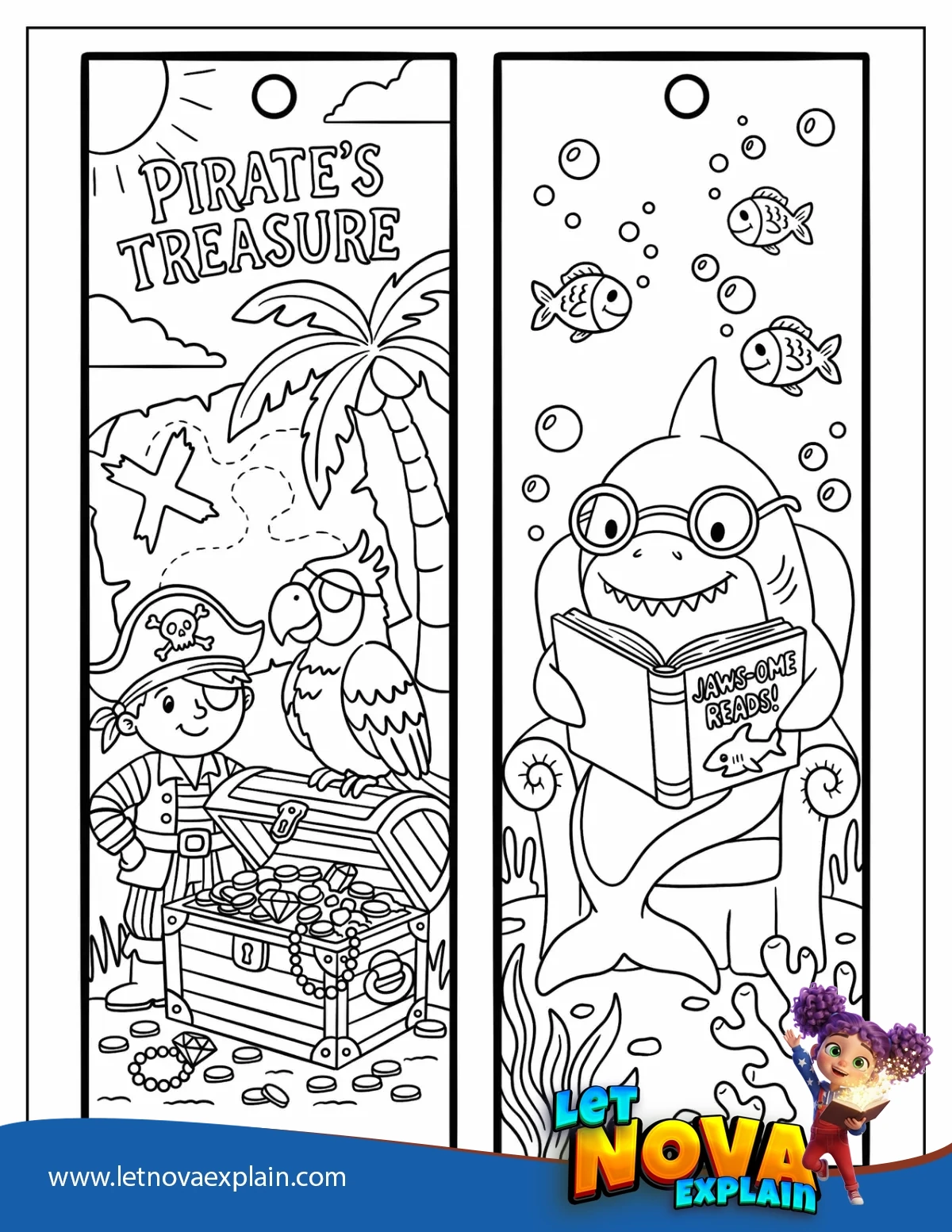 Pirate Treasure and Shark Reading Underwater Bookmark Coloring Sheet — PDF imprimible