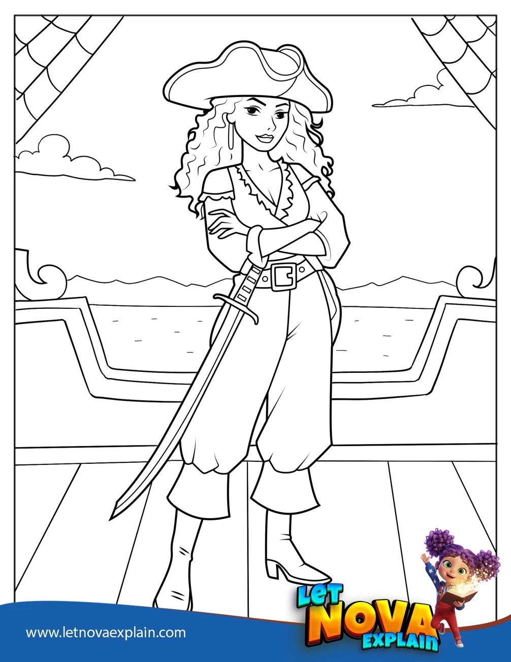 Pretty Female Pirate Coloring Page — PDF imprimible