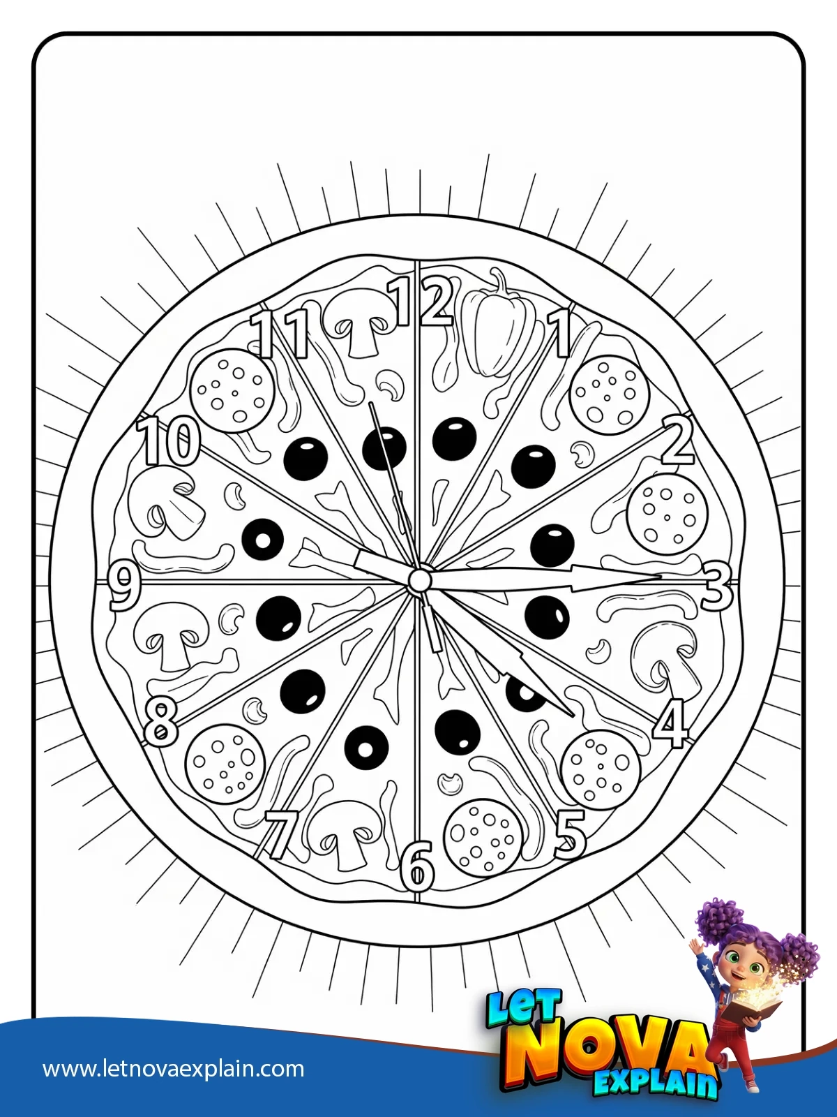 Pizza Clock Face coloring — Coloring page