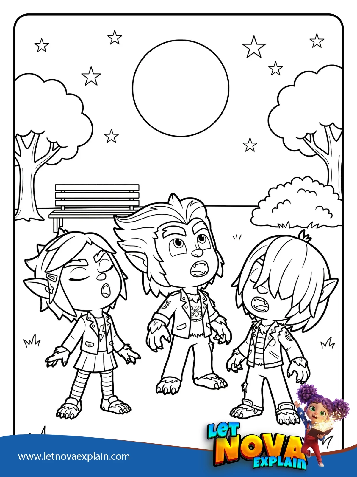 Wolfy Kids Howl at Midnight coloring — Coloring page