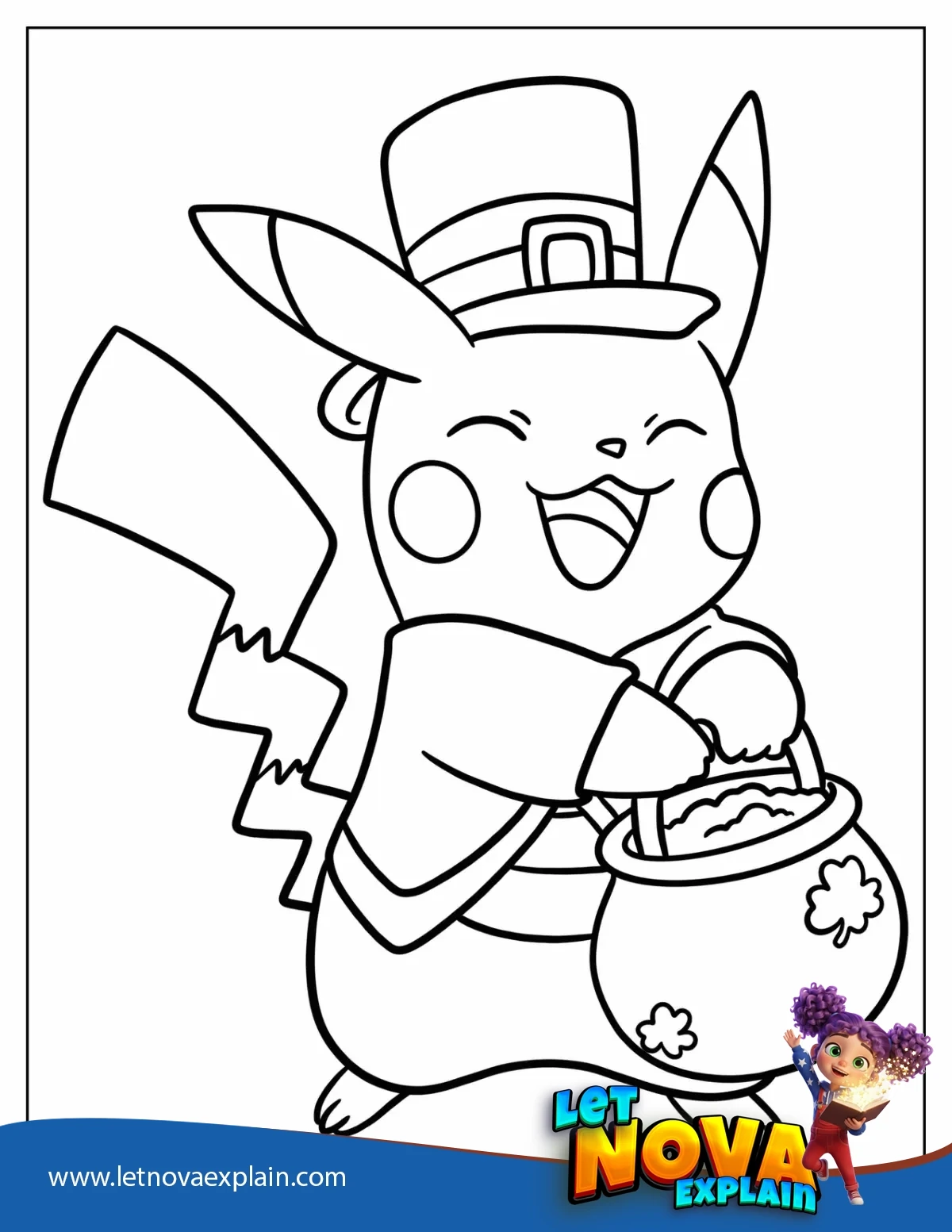 Adorable Pikachu Dressed As A Leprechaun Coloring Sheet For Kids — Coloring page