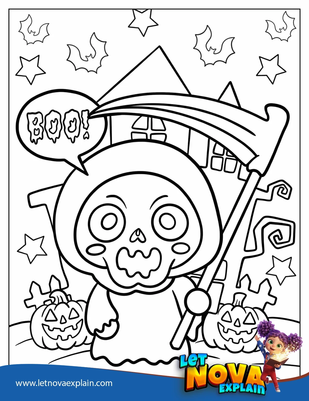 Adorable Grim Reaper Saying Boo In Front Of A Haunted Castle Coloring Sheet For Kids — Disegno da colorare