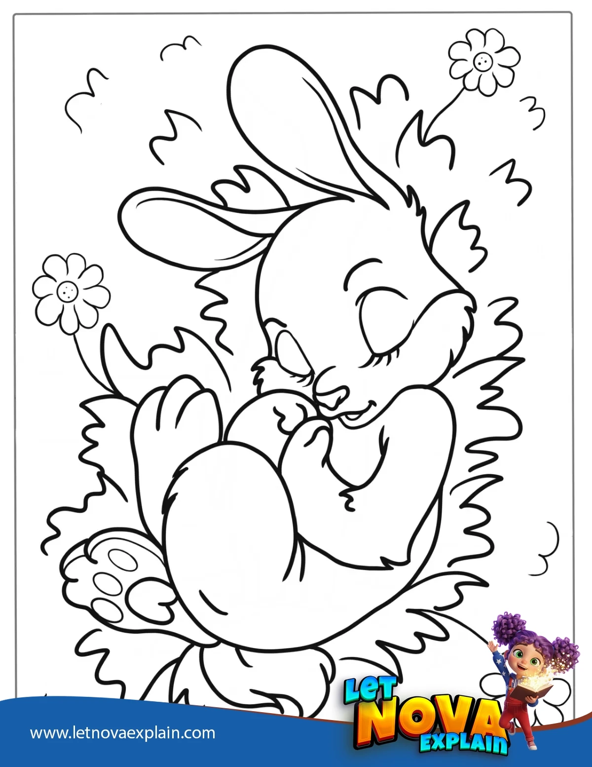Adorable Rabbit Sleeping In Grass Patch — Coloring page