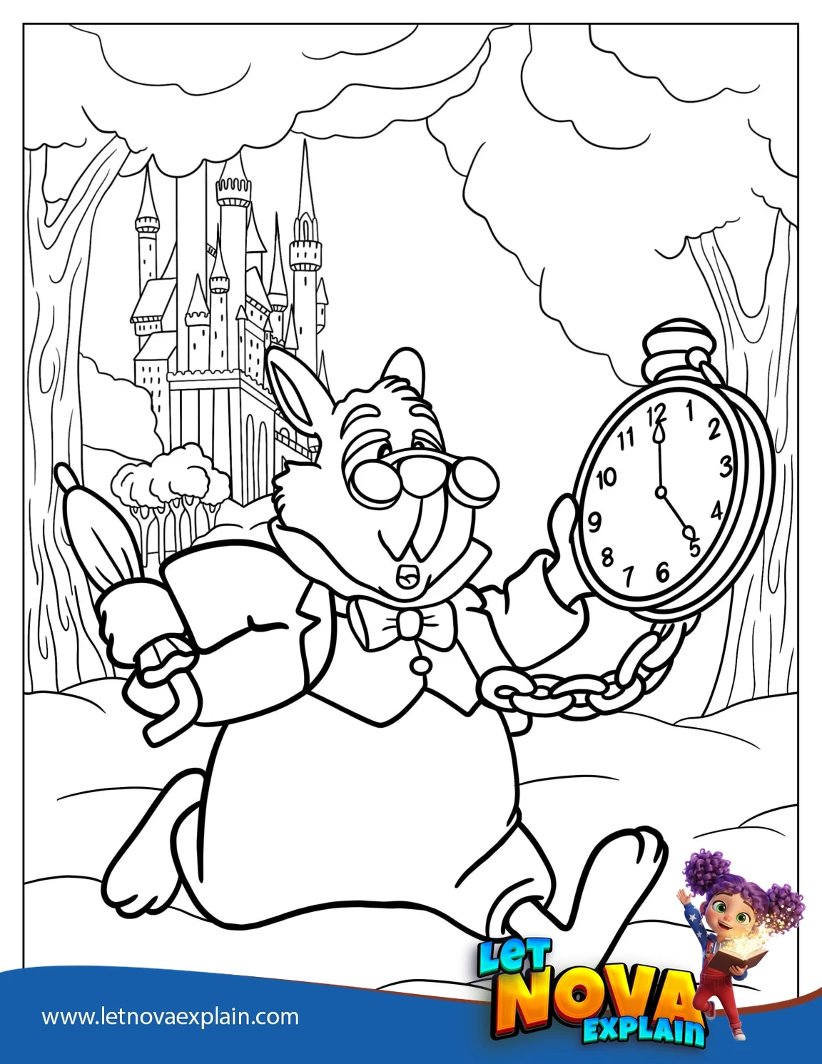 White Rabbit Running Late Holding Clock — صفحة تلوين