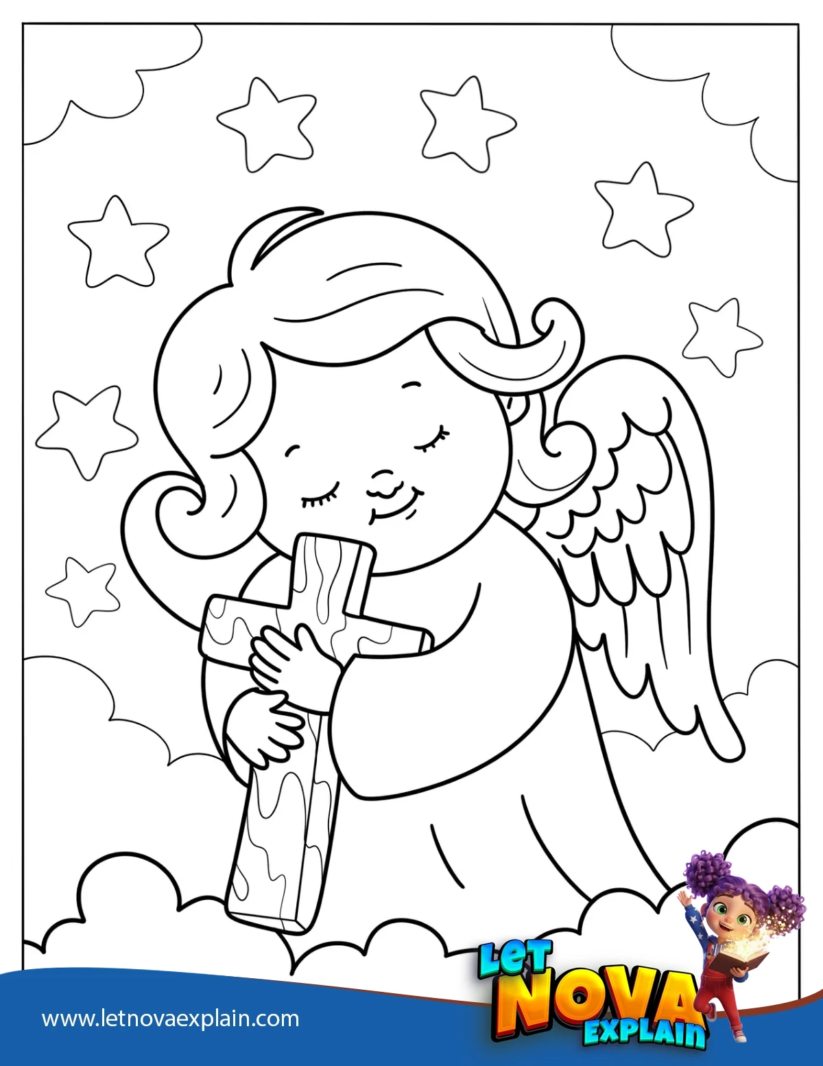 Adorable Angel Hugging A Cross In The Sky Coloring Sheet For Kids — Printable PDF