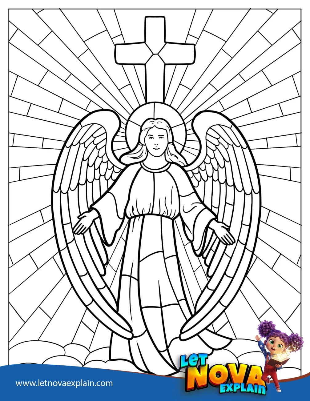 Angel Standing In Front Of A Cross Stained Glass Coloring Page — Printable PDF