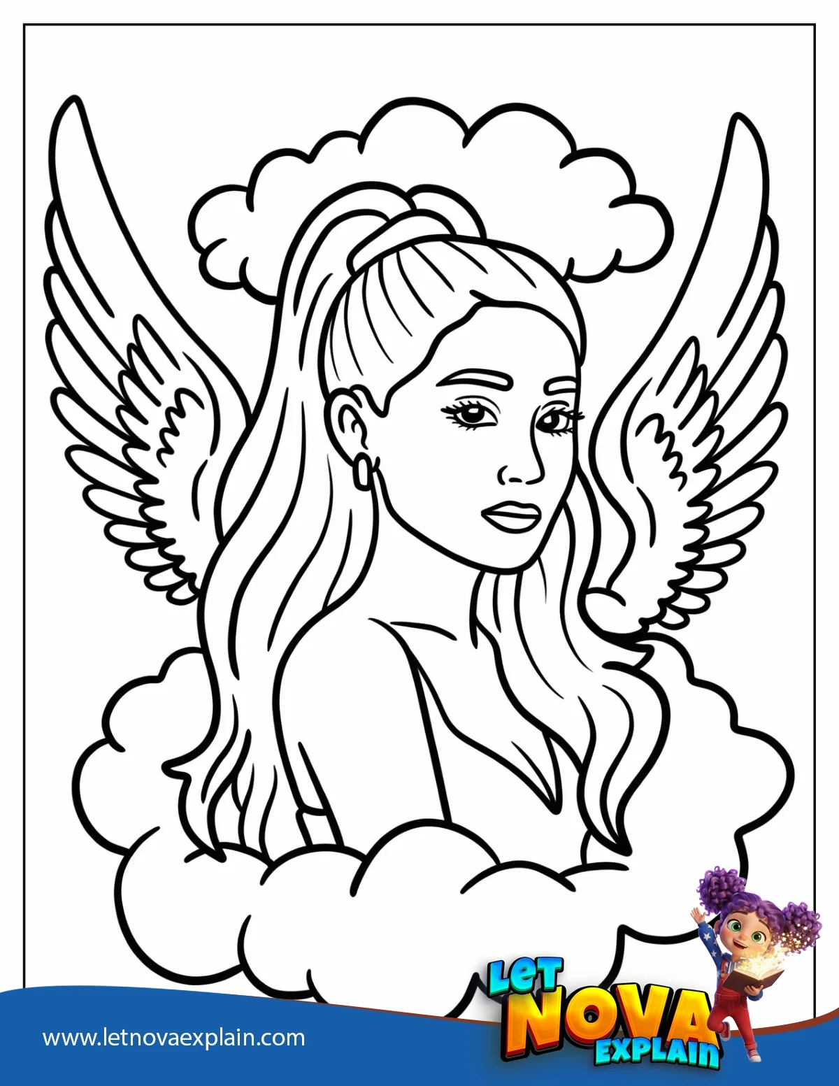 Ariana Grande with Angel Wings in the Clouds Coloring Page — Printable PDF