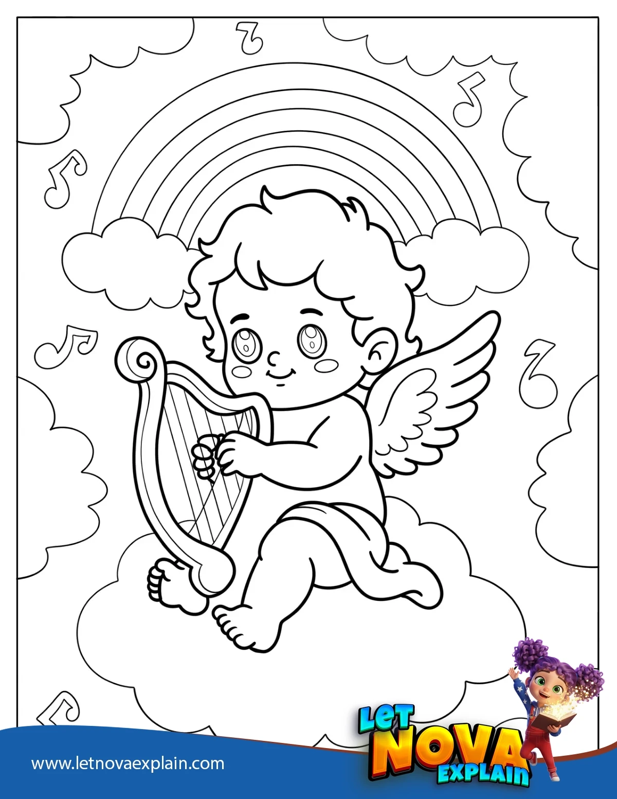Baby Angel Playing Harp On Cloud With Rainbow And Music Notes Coloring Page For Preschoolers — Printable PDF