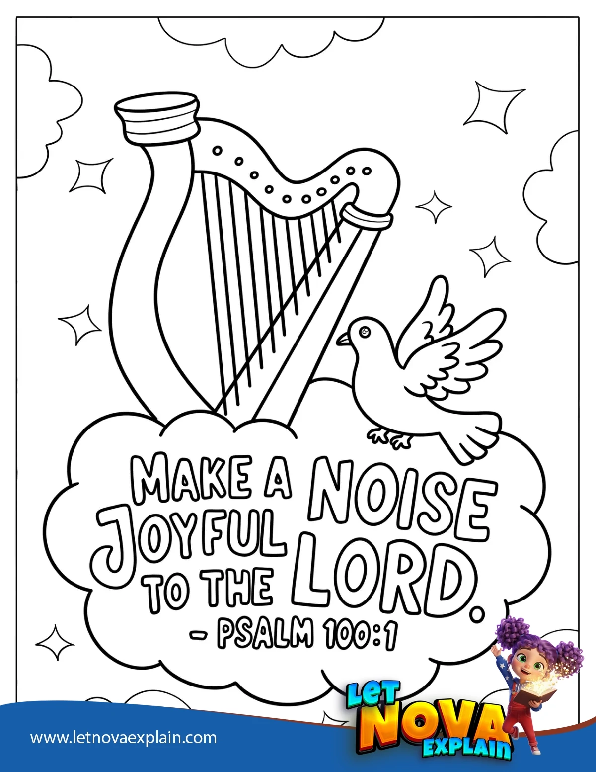 Bible Verse Psalm 100 1 Verse on the Cloud with Harp and Dove Coloring Page for Kids — Printable PDF