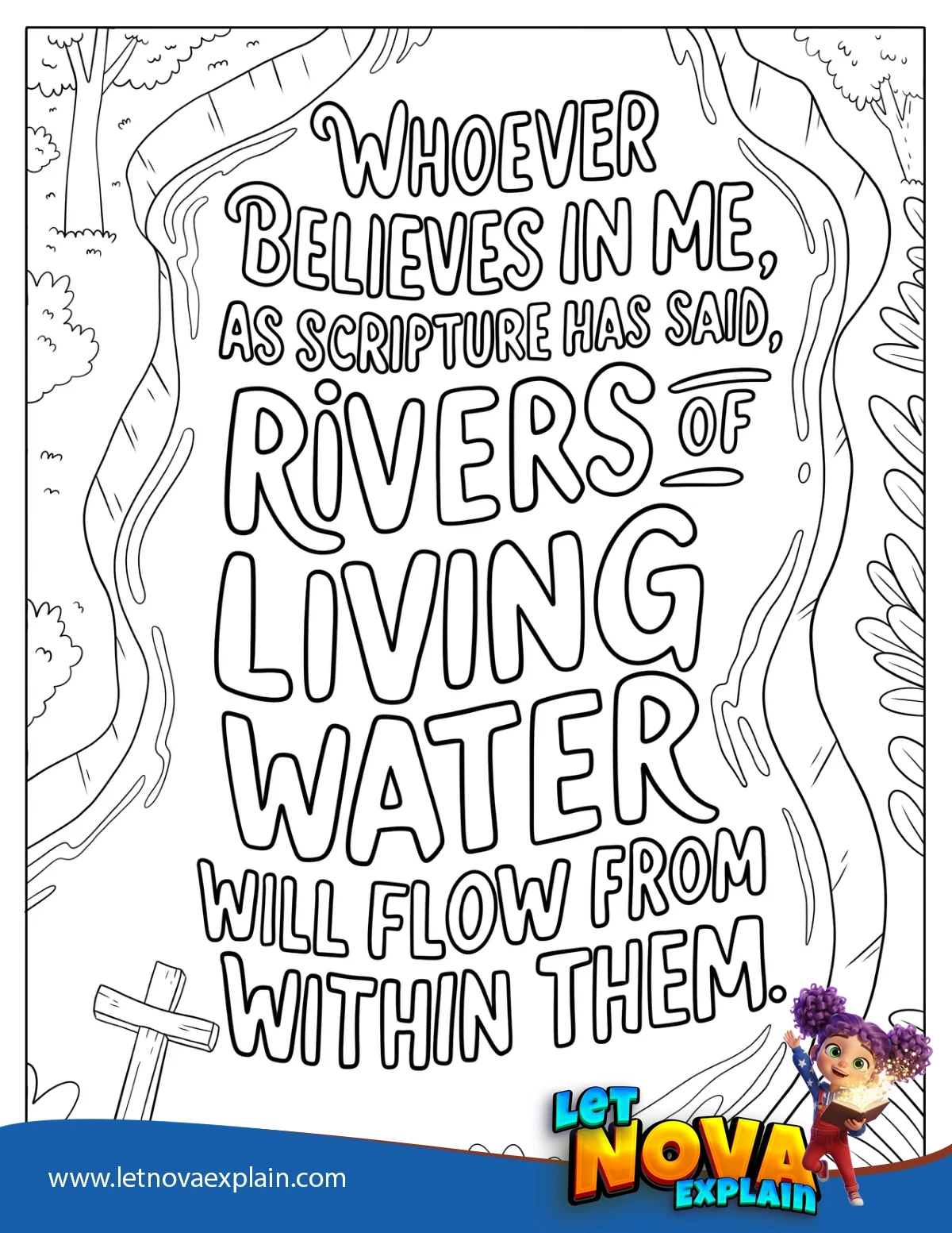 Bible Verse Text on a River with Leaves and Cross Coloring Page — Printable PDF