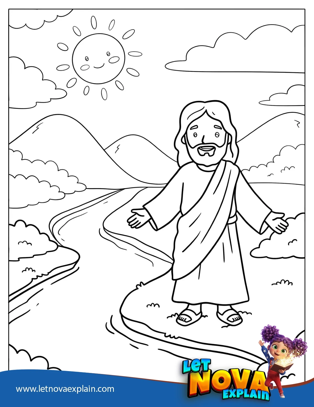 Cartoon Jesus Standing Next to a River Coloring Sheet for Kids — Printable PDF