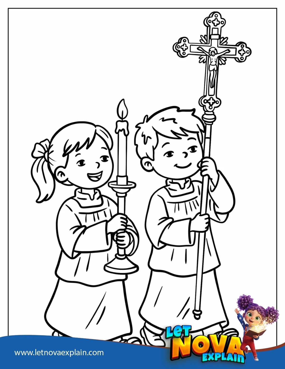 Catholic Altar Servers Walking with Sacraments Coloring Page for Kids — Printable PDF