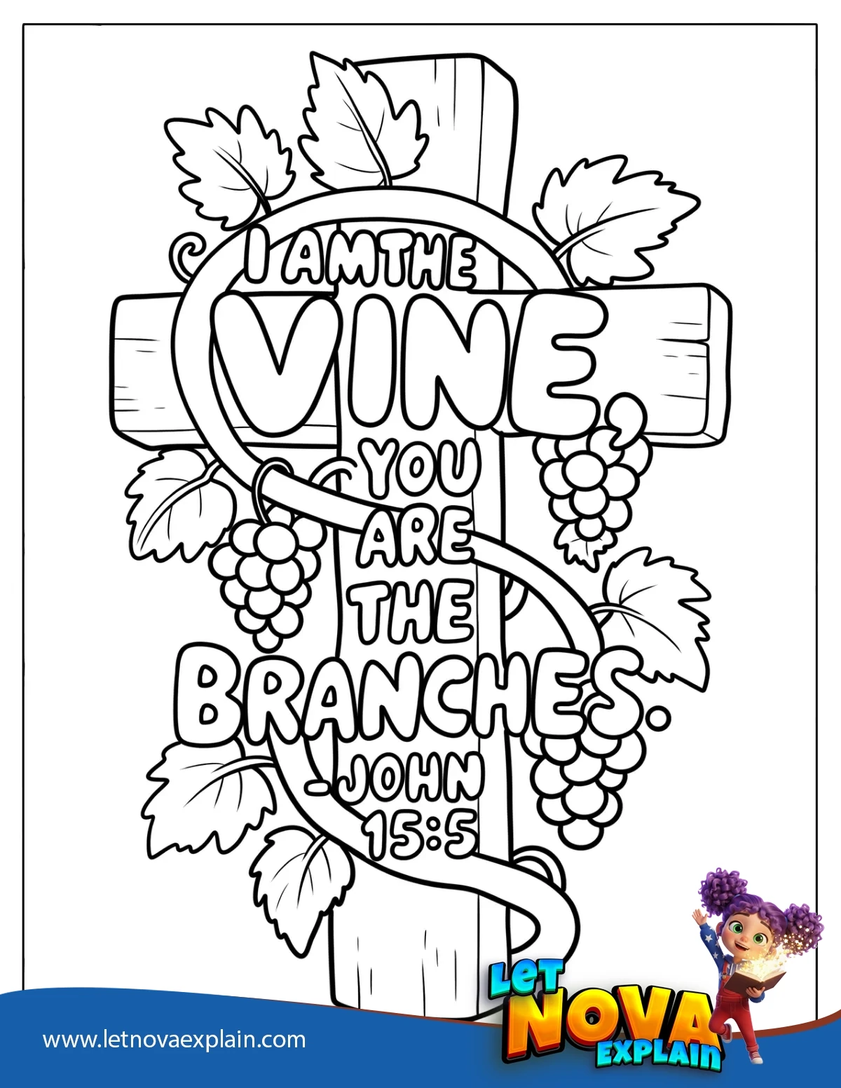 Wooden Cross with Grape Vines with Bible Verse John 15 5 Coloring Sheet for Kids — Disegno da colorare