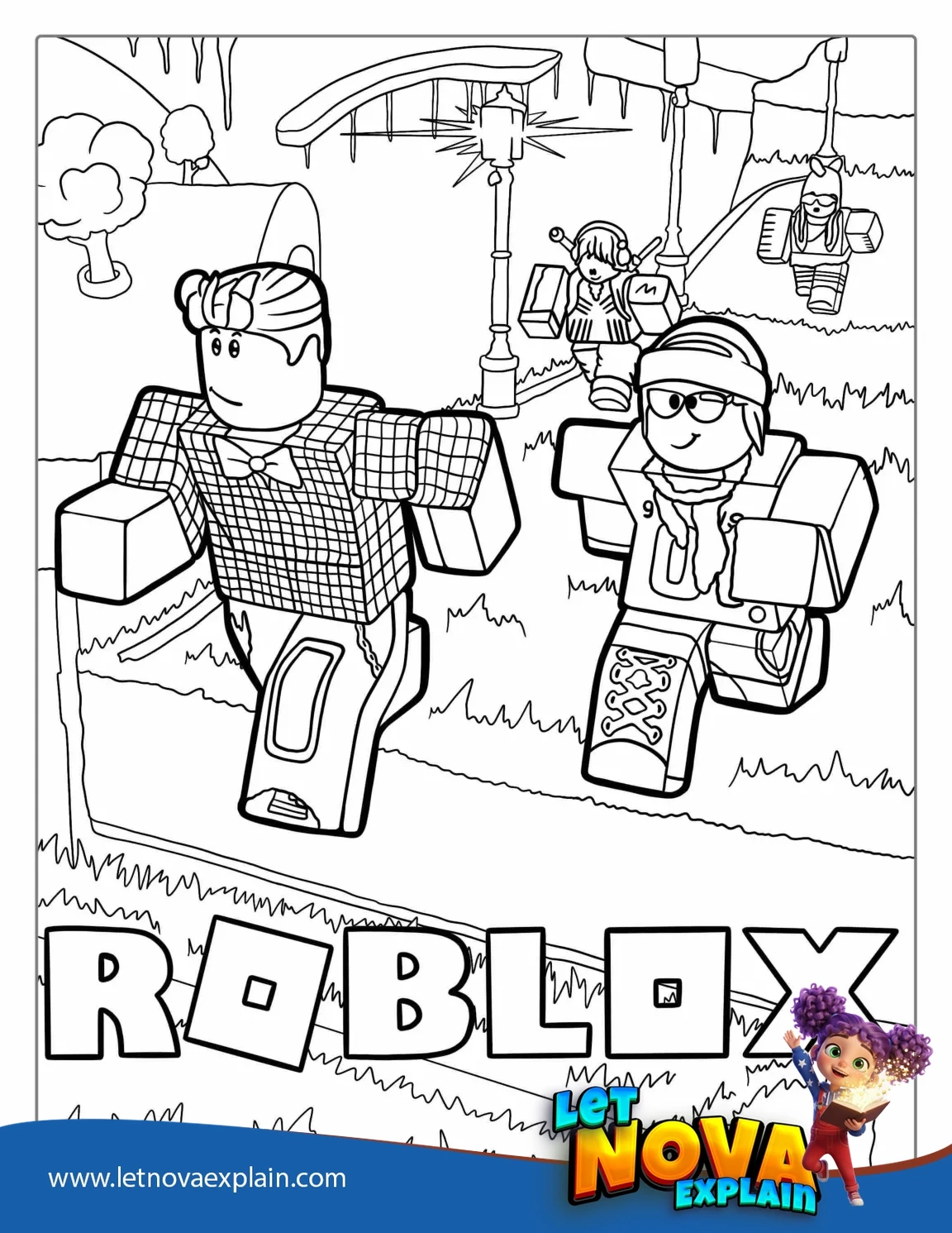 Running Characters With Roblox Logo — Coloring page