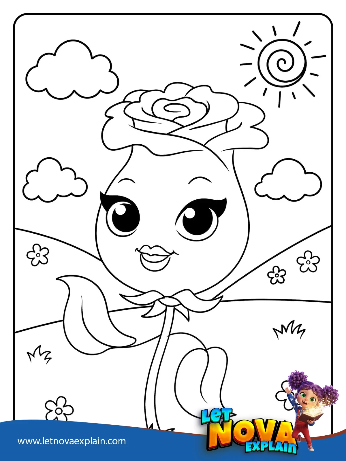 Kawaii Rose in Sunny Field coloring — Coloring page