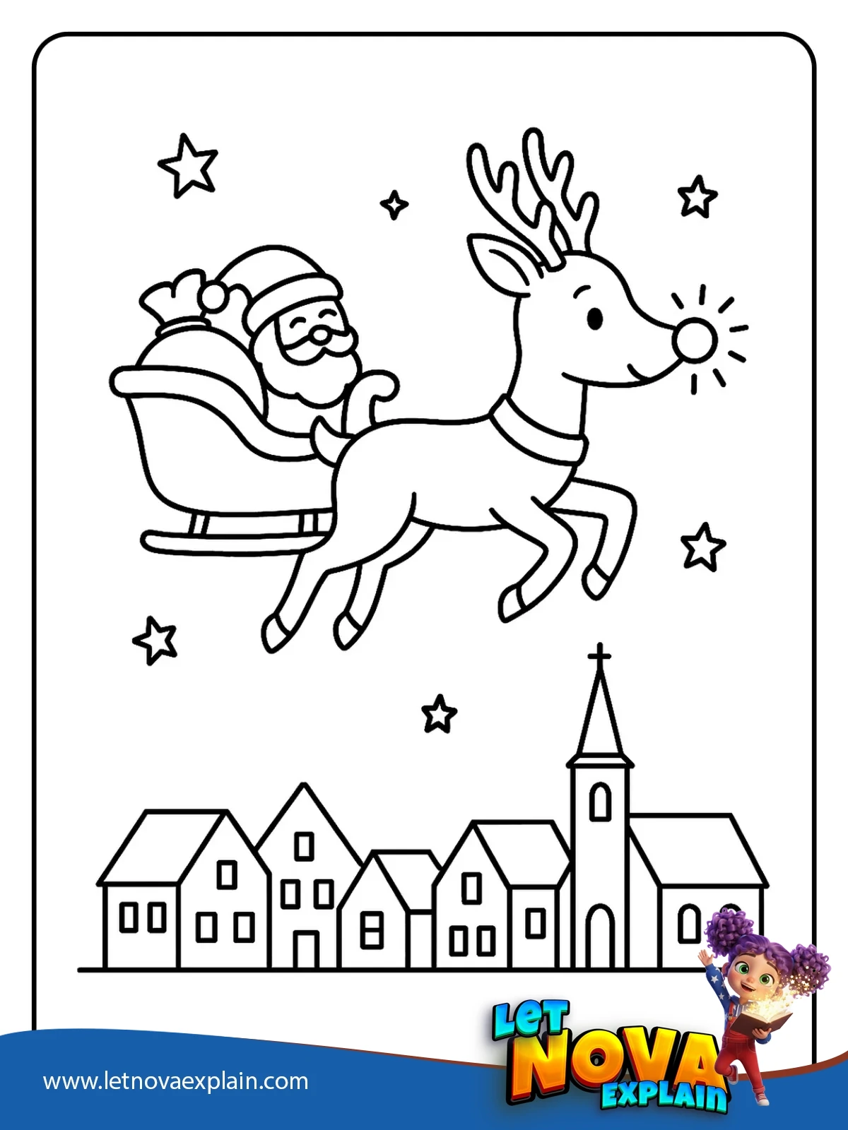 Rudolph Leads Santa Over a Town coloring — Coloring page